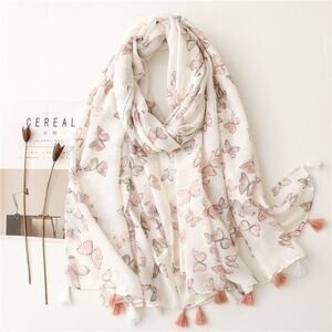 NEW Boho Butterfly Printed Tasseled Rectangle Soft Chic Scarf Large Cream Pink